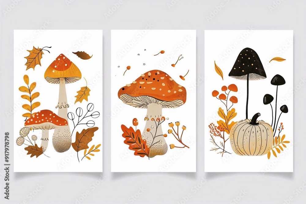 A seamless autumn Thanksgiving pattern featuring whimsical magical mushrooms and falling leaves. The design captures the enchanting spirit of the season with its rich colors and playful elements, perf A seamless autumn Thanksgiving pattern featuring whimsical magical mushrooms and falling leaves. The design captures the enchanting spirit of the season with its rich colors and playful elements, perf