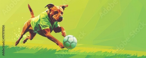 Energetic dog playing soccer on a sunny day, wearing a green jersey. Digital illustration celebrating fun, sports, and pets in action. photo