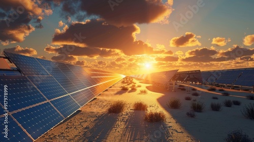 A solar power plant with vast arrays of solar panels soaking up the sun. photo