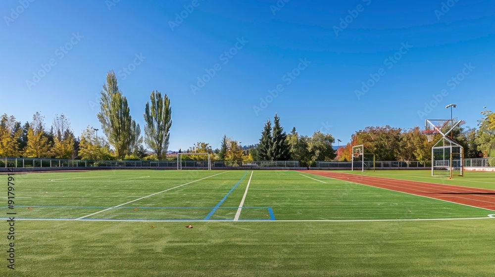 Fototapeta premium A sports field with a soccer goal and basketball court under a clear blue sky.