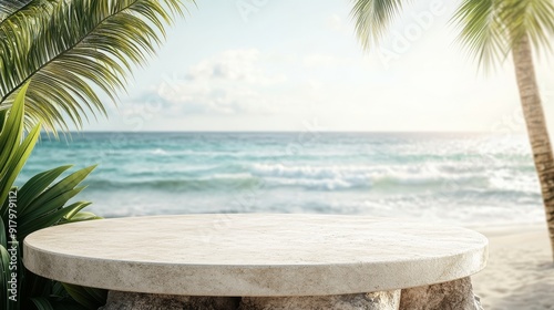 photo of round podium on the beach with sea and palm tree background, summer vibes, bright sunny light, close up shot, minimalistic, mockup 