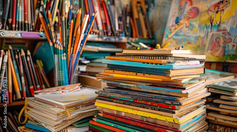 Obraz premium A stack of art supplies including colored pencils and sketchbooks.