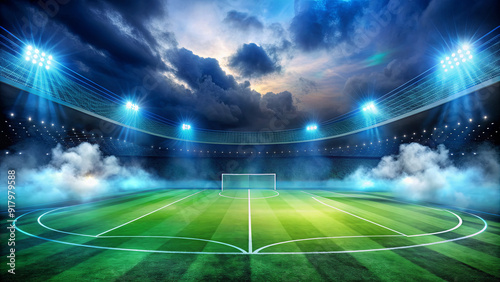 Bright floodlights illuminate an empty soccer field under a moody sky, preparing for a thrilling match in the evening