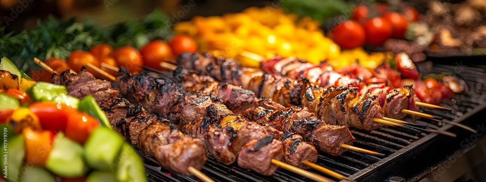 A variety of meat and vegetable kebabs being grilled on an outdoor grill, with other dishes in the background. This is a commercial photo taken in soft light with a light style of photography