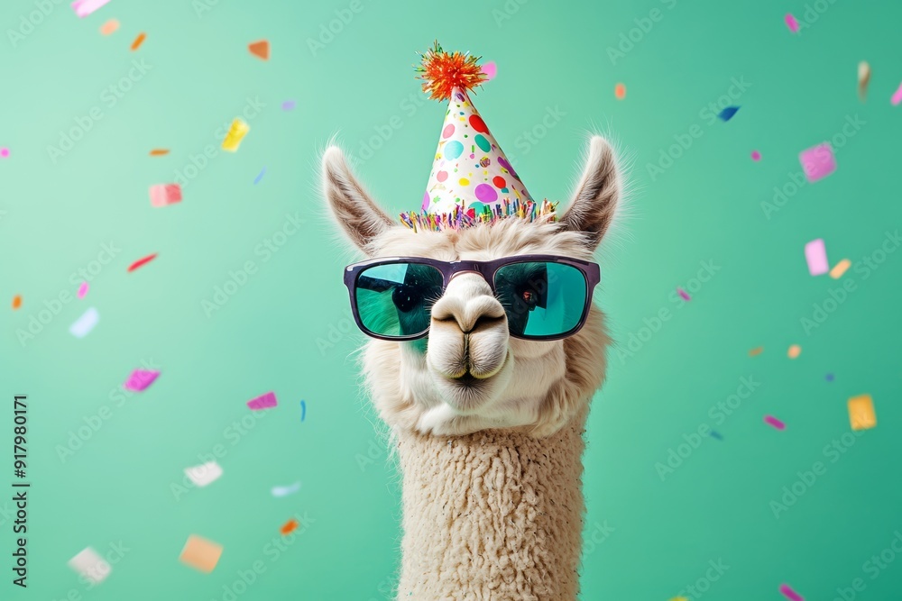 Fototapeta premium Funny Llama and Alpaca Wearing Birthday Hat and Sunglasses with Confetti Against Green Background, Perfect for Birthday Party Invitations and Celebrations Generative AI