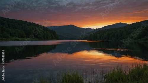 view of a lake in the middle of the forest in the afternoon with a beautiful sunset background made by AI generative