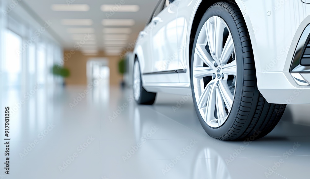 Silver Car with Black Rims – Side View on Concrete Floor, Modern Style with Light Background