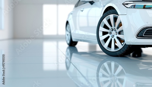 Silver Car with Black Rims – Side View on Concrete Floor, Modern Style with Light Background