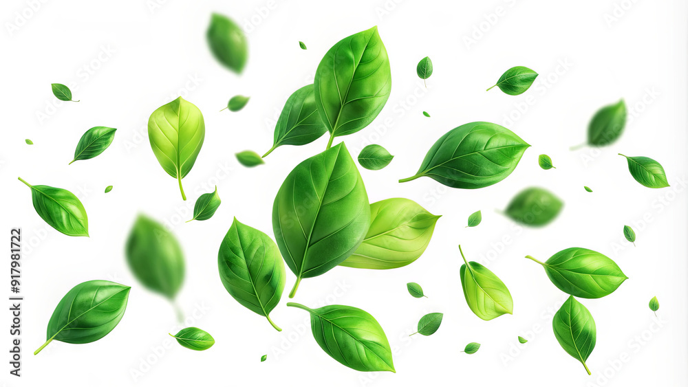 Fresh green leaves are gently floating and swirling in the air, creating a vibrant display on a bright white backdrop Fresh green leaves are gently floating and swirling in the air, creating a vibrant display on a bright white backdrop