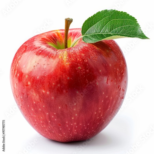 One ripe red apple fruit with green leaf isolated on white background with clipping path, Generative AI 