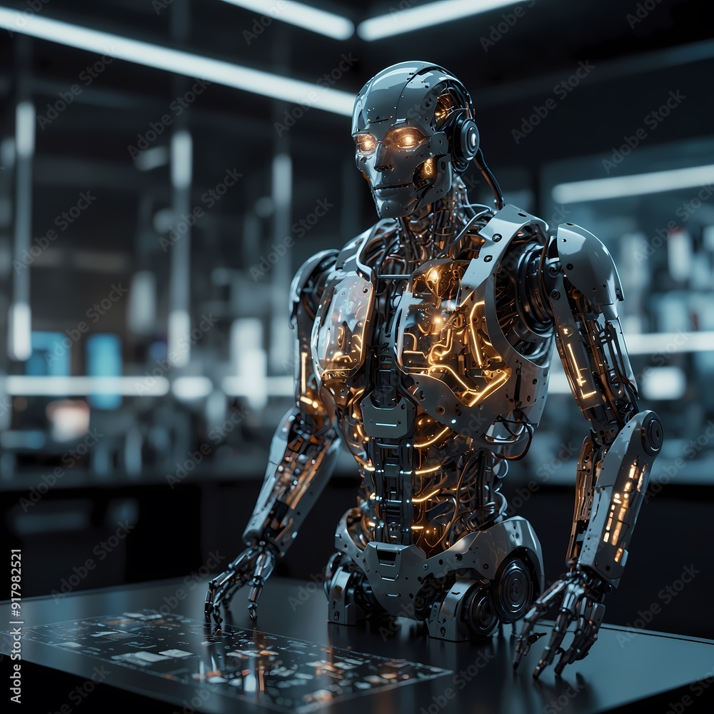 High-Tech Robot with Transparent Panels and Holographic Displays. Generative AI High-Tech Robot with Transparent Panels and Holographic Displays. Generative AI