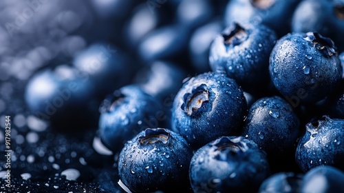 A close-up shot of ripe blueberries covered in fresh water droplets, capturing the essence of freshness and rich natural color, evoking a sense of nourishment and vitality.