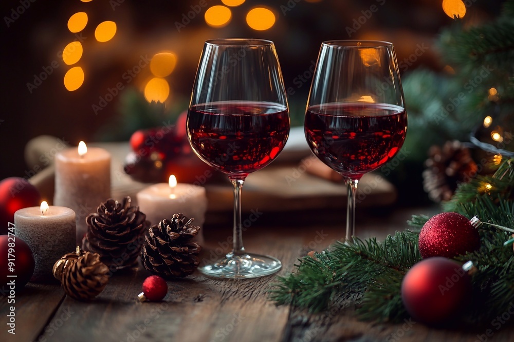 A festive scene featuring a bottle of red wine with elegant holiday-themed packaging, surrounded by cozy decorations, twinkling lights, and seasonal treats, perfect for celebrating the holidays. A festive scene featuring a bottle of red wine with elegant holiday-themed packaging, surrounded by cozy decorations, twinkling lights, and seasonal treats, perfect for celebrating the holidays.