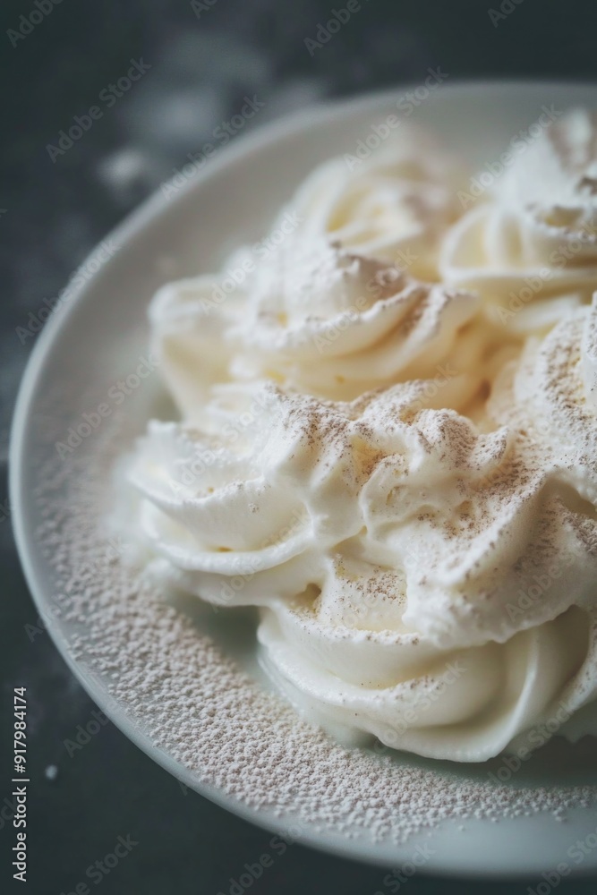 White Plate with Whipped Cream and Powdered Sugar White Plate with Whipped Cream and Powdered Sugar