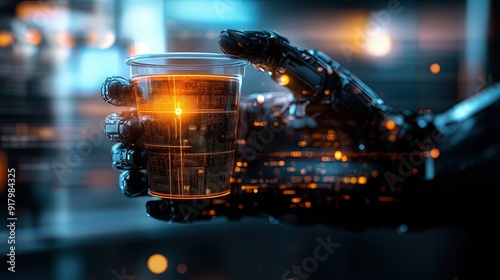 Advanced Android Holding a Virtual Cup of Digital Coffee in a Futuristic Setting