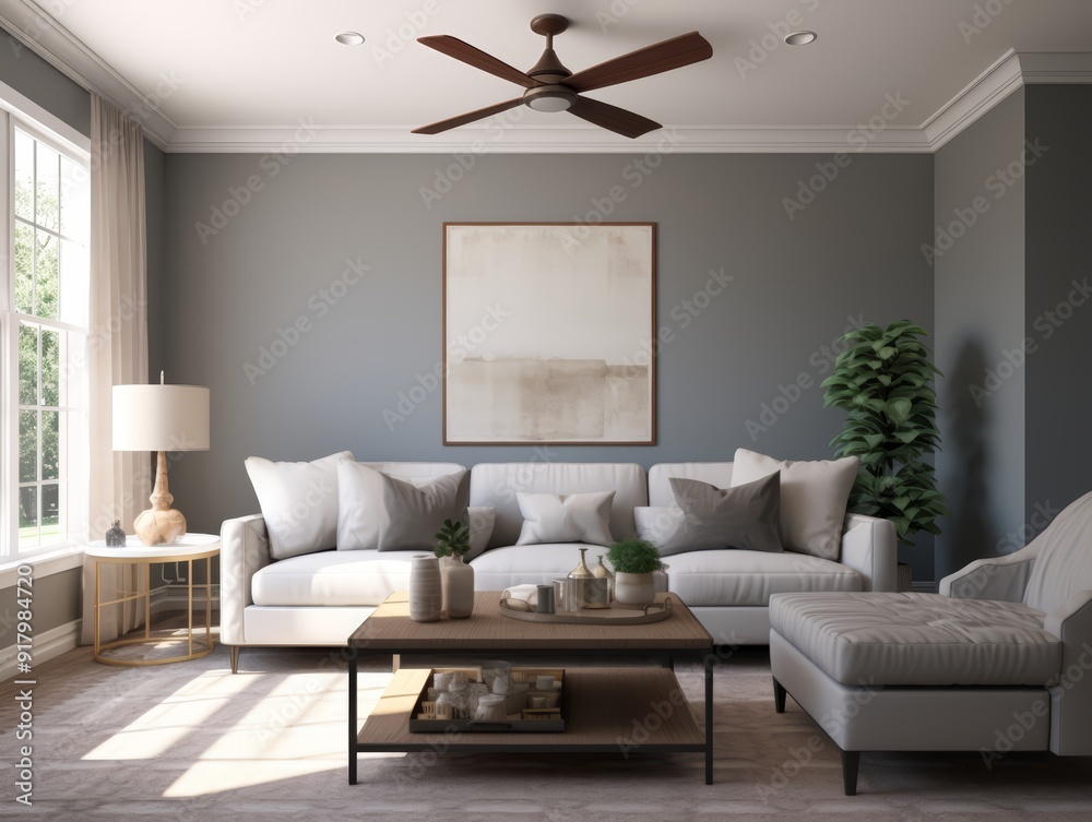 A contemporary living room with a white sectional sofa, a wooden coffee table, a plant, and a picture on the wall. A contemporary living room with a white sectional sofa, a wooden coffee table, a plant, and a picture on the wall.
