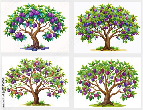 A collection of four illustrated trees bearing purple plums. Each tree has a unique shape and arrangement of leaves and fruits, showcasing vibrant green foliage and clusters of ripe plums.