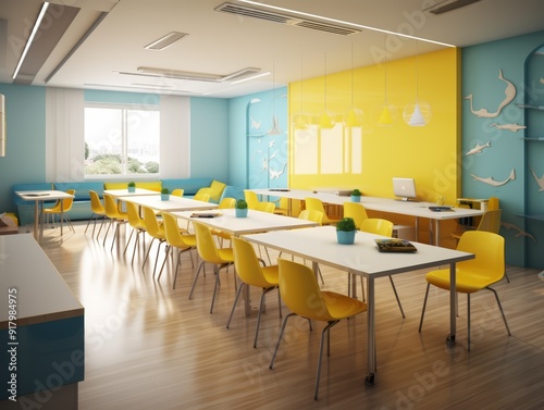 A modern and colorful classroom with yellow chairs, blue walls and a white table.