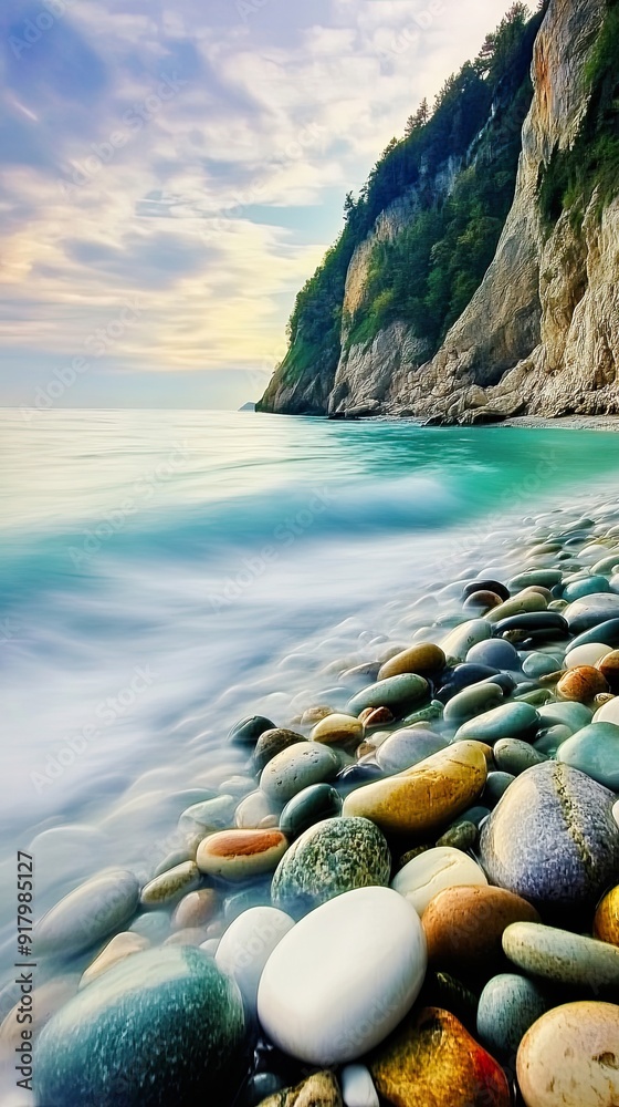Tranquil Beach With Smooth Colored Stones and Gentle Waves at Sunset Tranquil Beach With Smooth Colored Stones and Gentle Waves at Sunset