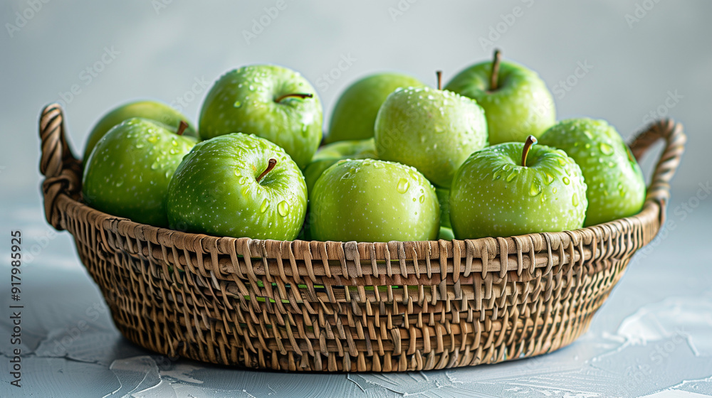 A basket filled with green apples, placed on a clean white background A basket filled with green apples, placed on a clean white background