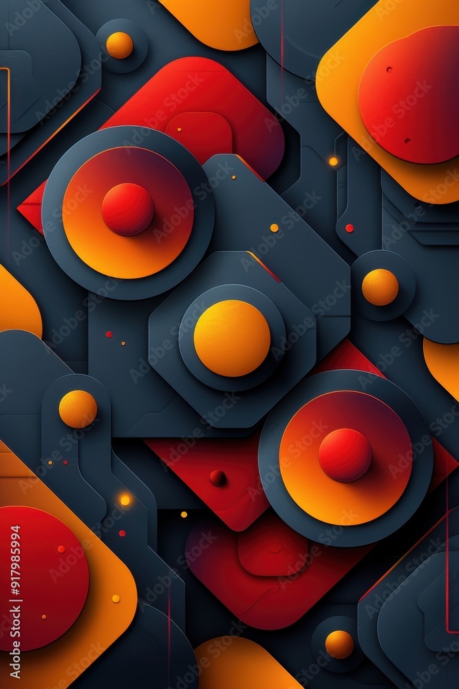 Obraz premium Vibrant geometric shapes and overlapping lines in dynamic red, orange, and blue tones