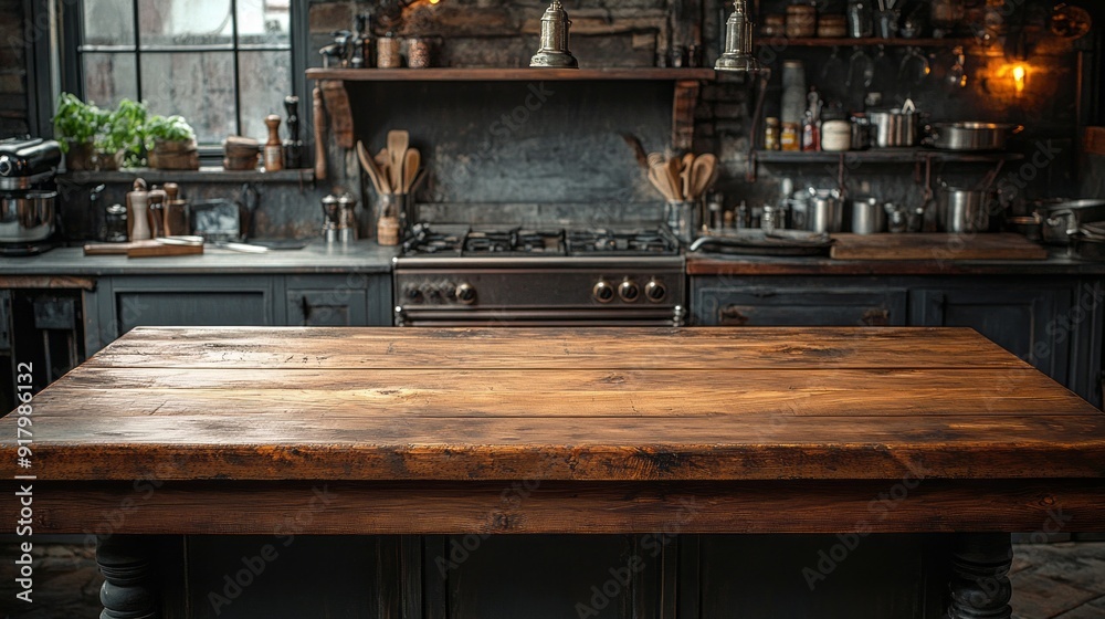 A kitchen counter with a wooden top and a stove in the background A kitchen counter with a wooden top and a stove in the background