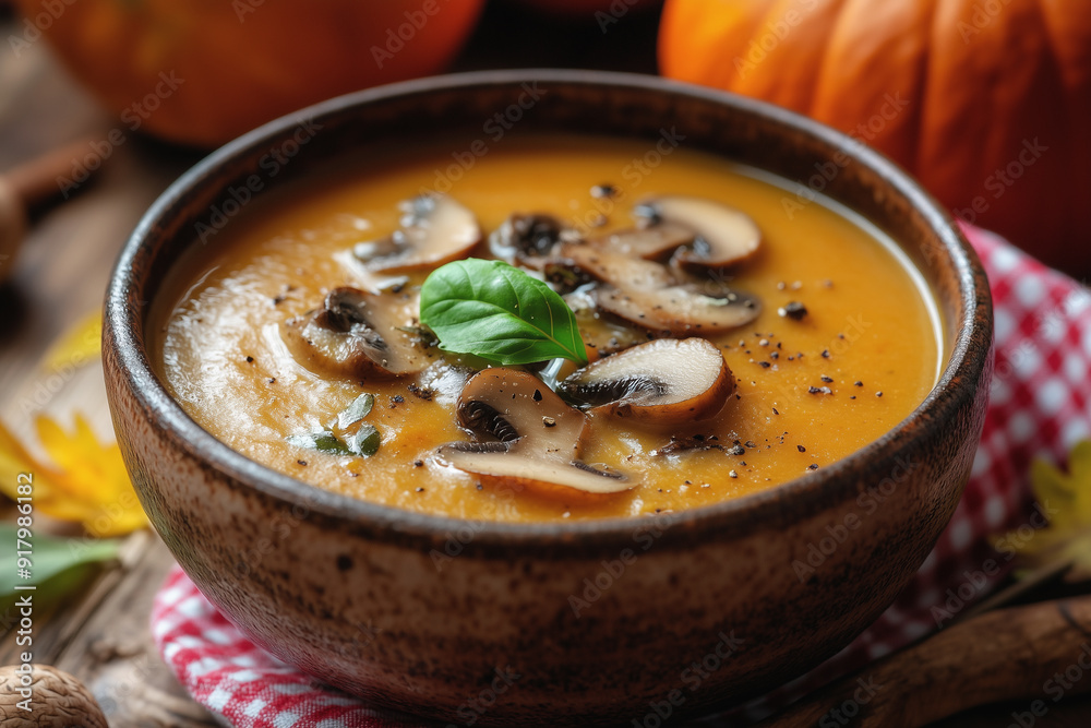 Creamy pumpkin soup served in a rustic bowl, garnished with mushrooms, herbs, and black pepper