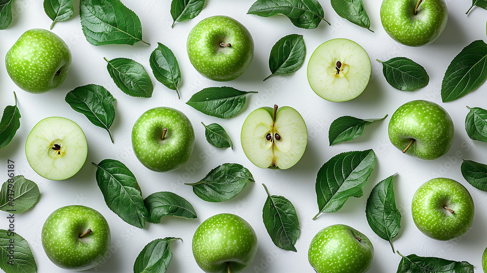 Green apples with green leaves and slices of apple with water droplets on a clean white background Green apples with green leaves and slices of apple with water droplets on a clean white background