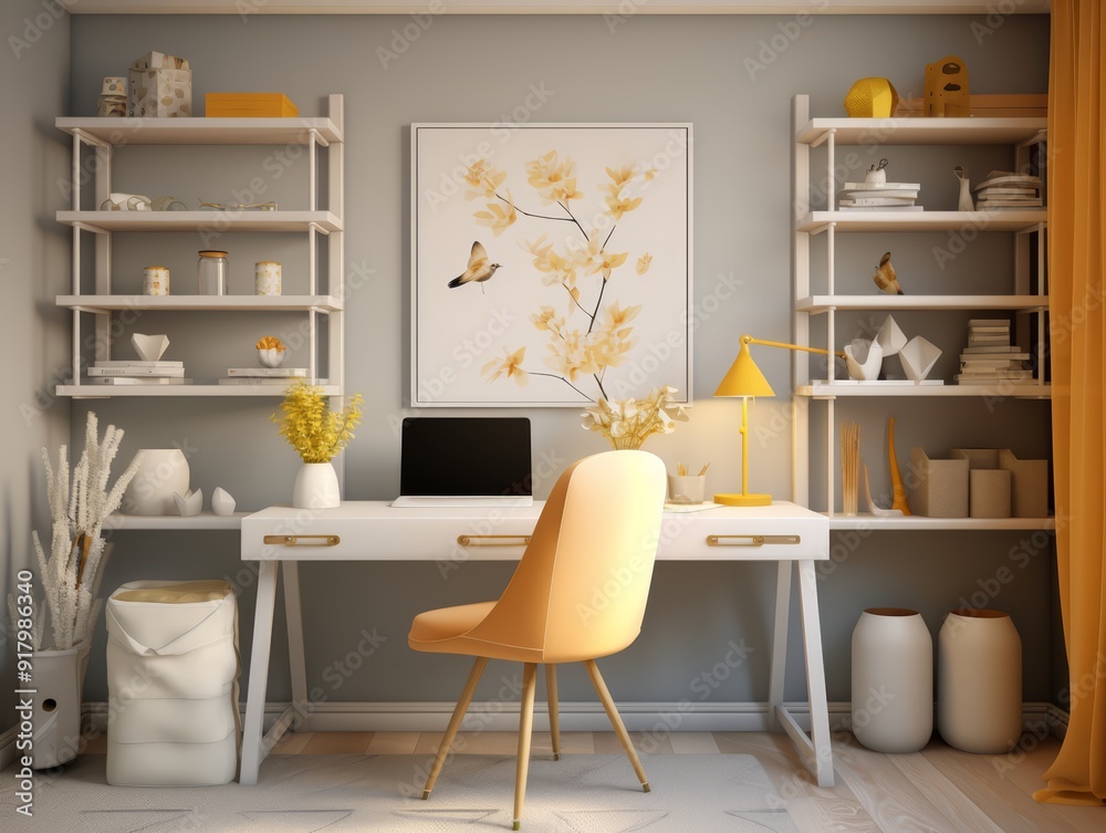 Home office with white desk, laptop, and yellow chair, with shelves, decor, and a yellow curtain. Home office with white desk, laptop, and yellow chair, with shelves, decor, and a yellow curtain.