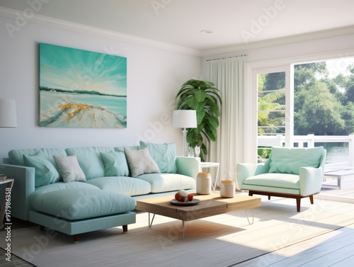 Light and airy living room with a blue couch and white rug, featuring a large window looking out to a lush green garden.