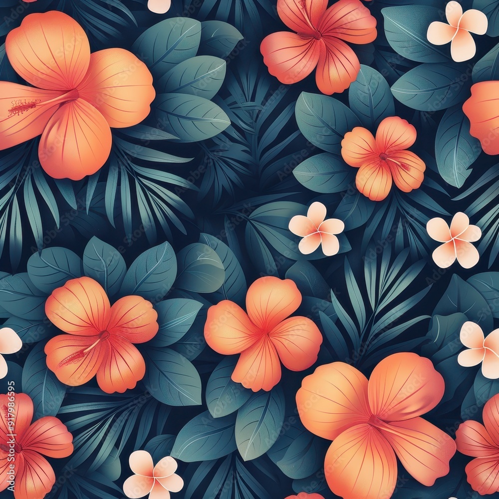 Vibrant Hawaiian floral illustration with tropical plants and colorful blooms Vibrant Hawaiian floral illustration with tropical plants and colorful blooms