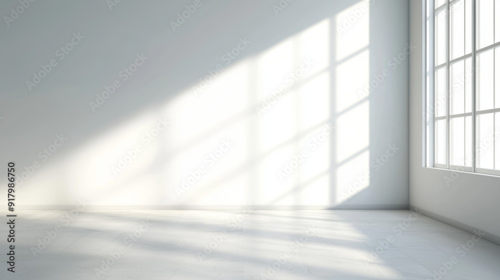 a white room with a large window and a white floor