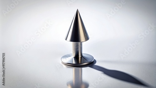 A single sharp metallic spike stands upright on a pure white isolated background, casting a dramatic shadow and evoking a sense of strength and resilience. photo