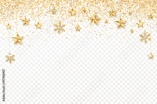 Christmas glitter decoration.Golden glittering stars and snowflakes.Confetti frame for winter holidays banners, new year party posters, advertising.Transparent background can be removed in vector file