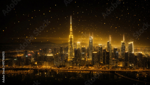 Golden Cityscape: A mesmerizing aerial view of a glittering city skyline adorned with a shower of golden stars, capturing the allure and magic of urban life. 