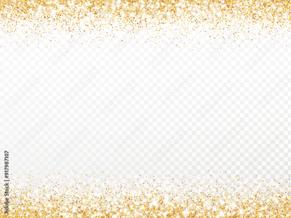 Golden glitter lights isolated. Sparkling glittering rain effect. Luxury backdrop for Christmas, wedding, birthday party. Metallic frame, border. Transparent background can be removed in vector file.