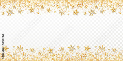 Christmas glitter decoration.Golden glittering stars and snowflakes.Confetti frame for winter holidays banners, new year party posters, advertising.Transparent background can be removed in vector file