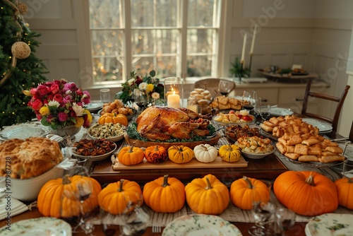 elegant table where everything revolves around one main element, the roast turkey.