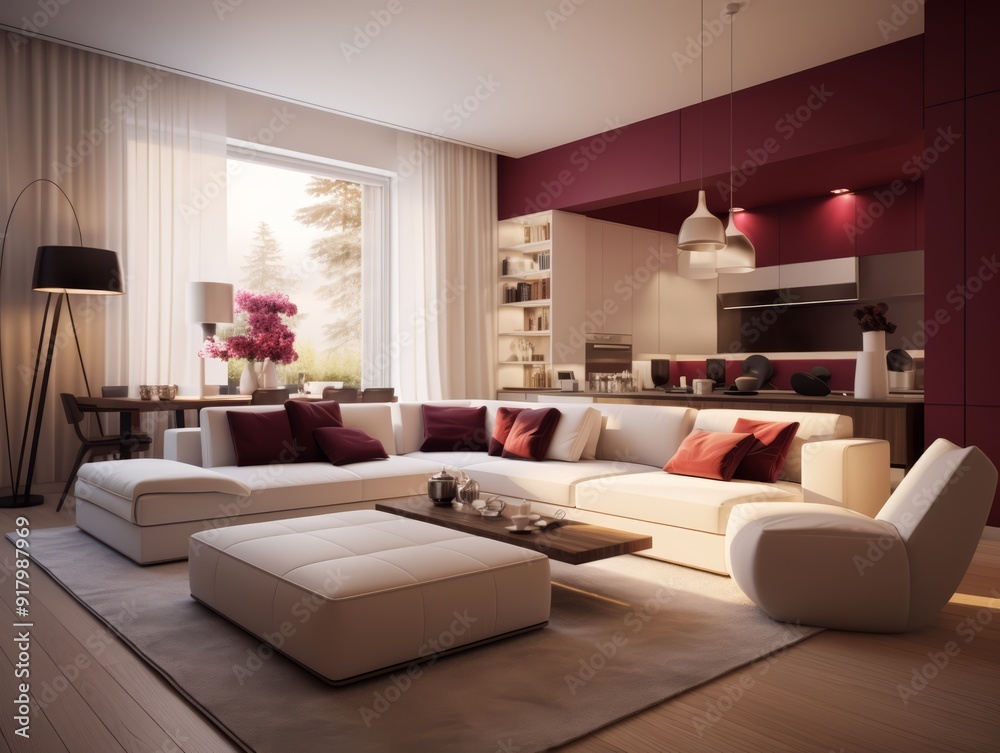 Modern living room interior with a white sectional sofa, a burgundy wall, a large window, and a white rug on a wooden floor. Modern living room interior with a white sectional sofa, a burgundy wall, a large window, and a white rug on a wooden floor.