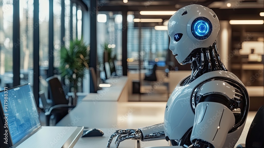 Robot Collaborating in a Modern Office Space During Daytime With Advanced Technology and a Dynamic Atmosphere Robot Collaborating in a Modern Office Space During Daytime With Advanced Technology and a Dynamic Atmosphere
