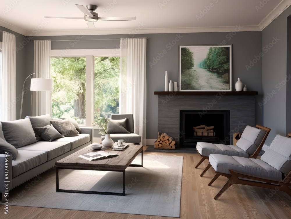 Modern living room with fireplace, large windows, and comfortable seating. Modern living room with fireplace, large windows, and comfortable seating.