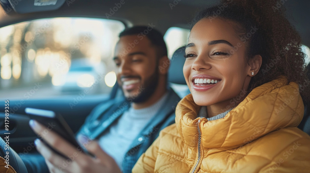 A man and a woman are sitting in a car, both smiling A man and a woman are sitting in a car, both smiling