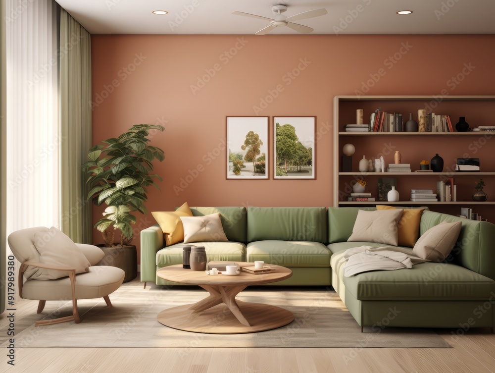 Modern living room with green sofa, wooden coffee table, and bookshelf. Modern living room with green sofa, wooden coffee table, and bookshelf.