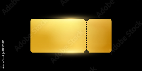 Golden ticket. Gold vector coupon, sticker or discount tag mockup isolated on black background. Cinema, theater, concert, party, event, festival invitation entrance.
