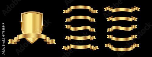 Golden award metal shield and ribbons of different shapes on black background vector illustration set. Realistic recognition emblem, winners trophy, medieval ammunition, war trophy, heraldic symbol.