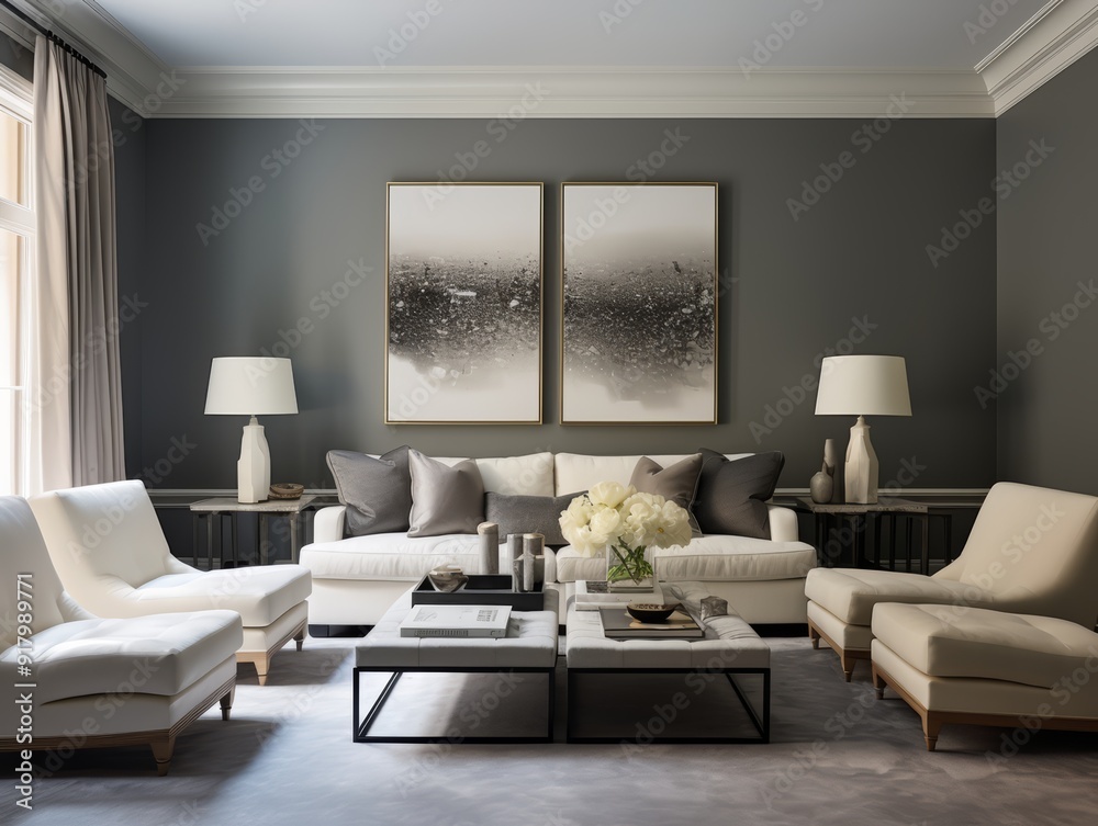 Modern living room with white furniture, gray walls, and abstract artwork. Modern living room with white furniture, gray walls, and abstract artwork.
