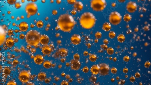 Golden Bubbles Dance: A mesmerizing abstract photograph featuring a symphony of golden bubbles suspended in a vibrant blue liquid, creating a visually captivating and ethereal spectacle. 