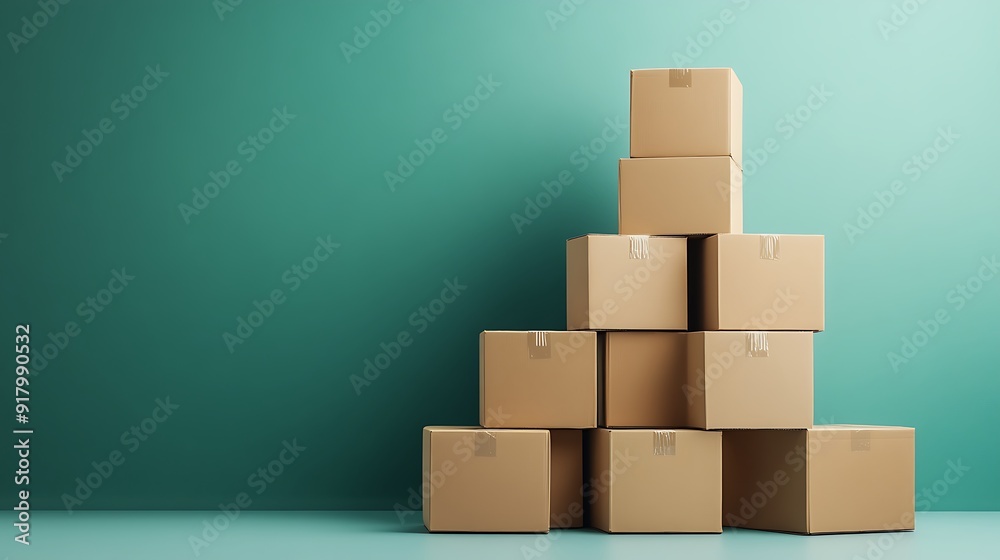Obraz premium A well-organized pile of cardboard boxes stacked neatly on a plain background, symbolizing the process of moving or efficient storage organization