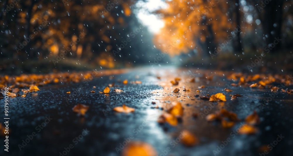 A Tranquil Rainy Autumn Path Adorned with Beautiful Fallen Leaves Reflecting Natures Colors A Tranquil Rainy Autumn Path Adorned with Beautiful Fallen Leaves Reflecting Natures Colors