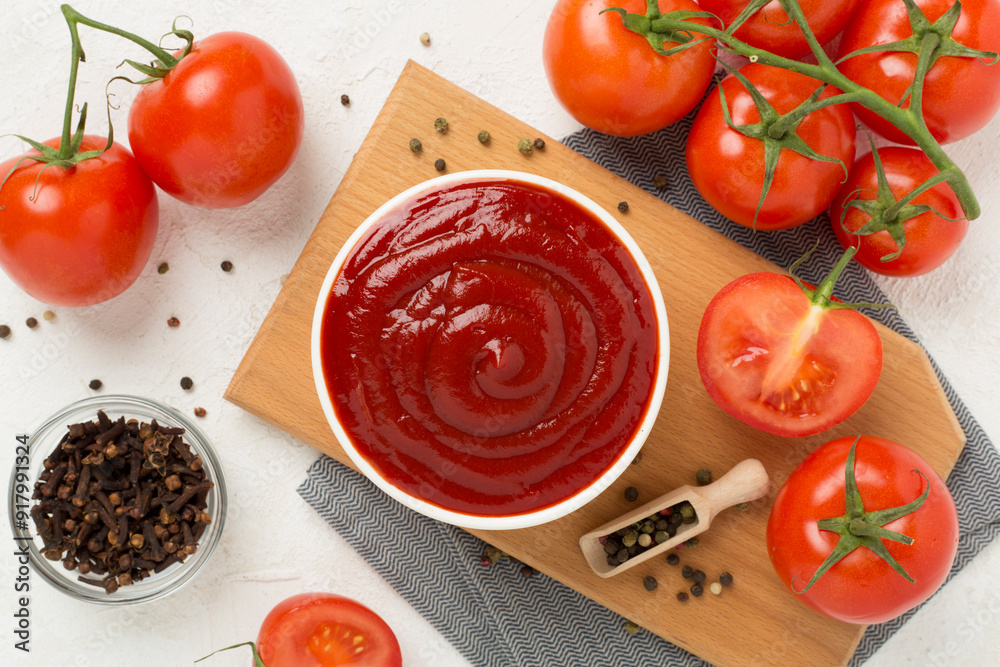Delicious ketchup with spices and tomatoes on concrete background, top view Delicious ketchup with spices and tomatoes on concrete background, top view